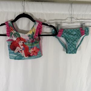 Disney Princess Swim Suit 2 Piece Girl 3T Ariel Green Pink Floral Little Mermaid